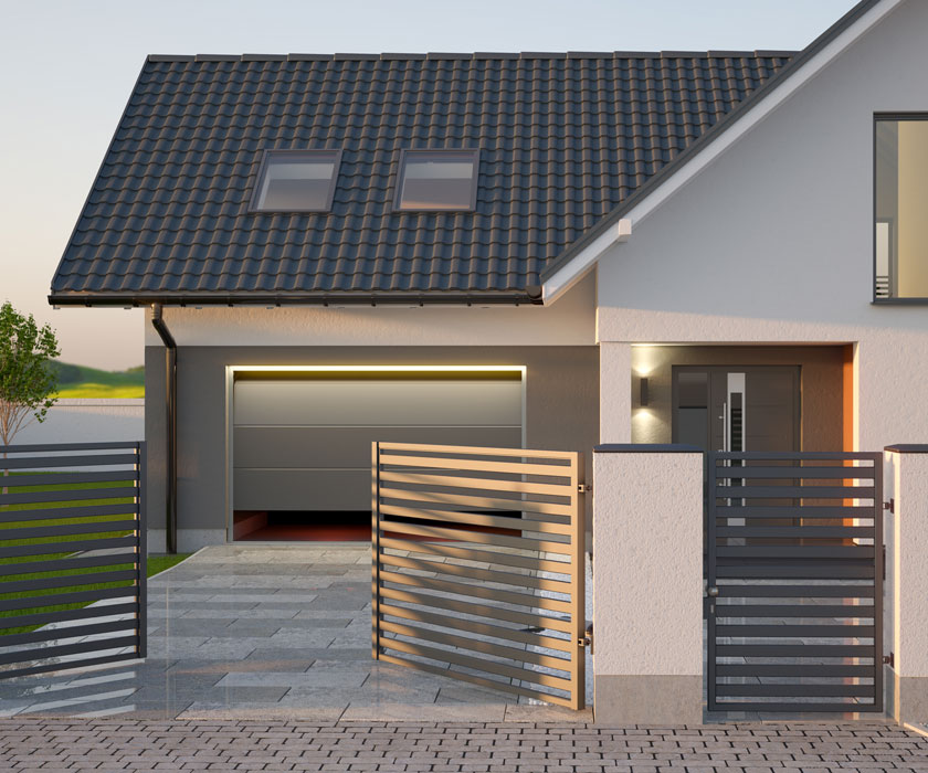 Plan 3D d'une maison avec un portail et un portillon unis